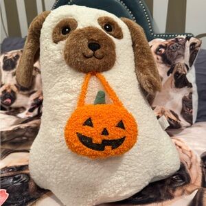 Halloween Dog Plush Toy with Pumpkin - White and Brown